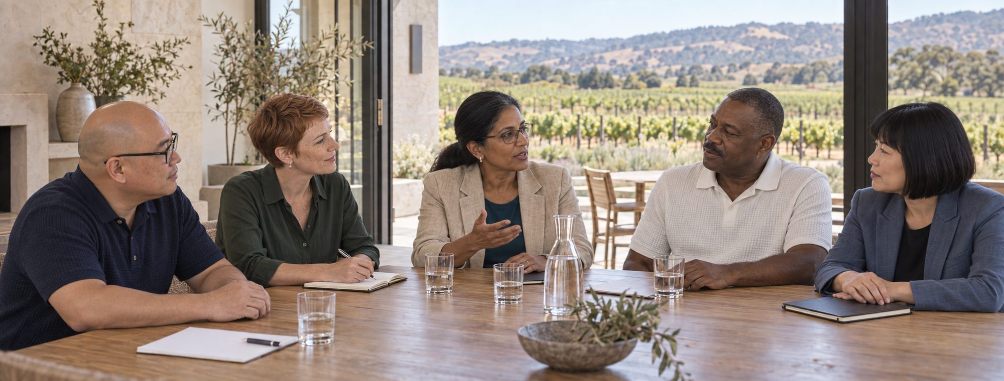 A leadership team in conversation around a long table, vineyards visible through open doors