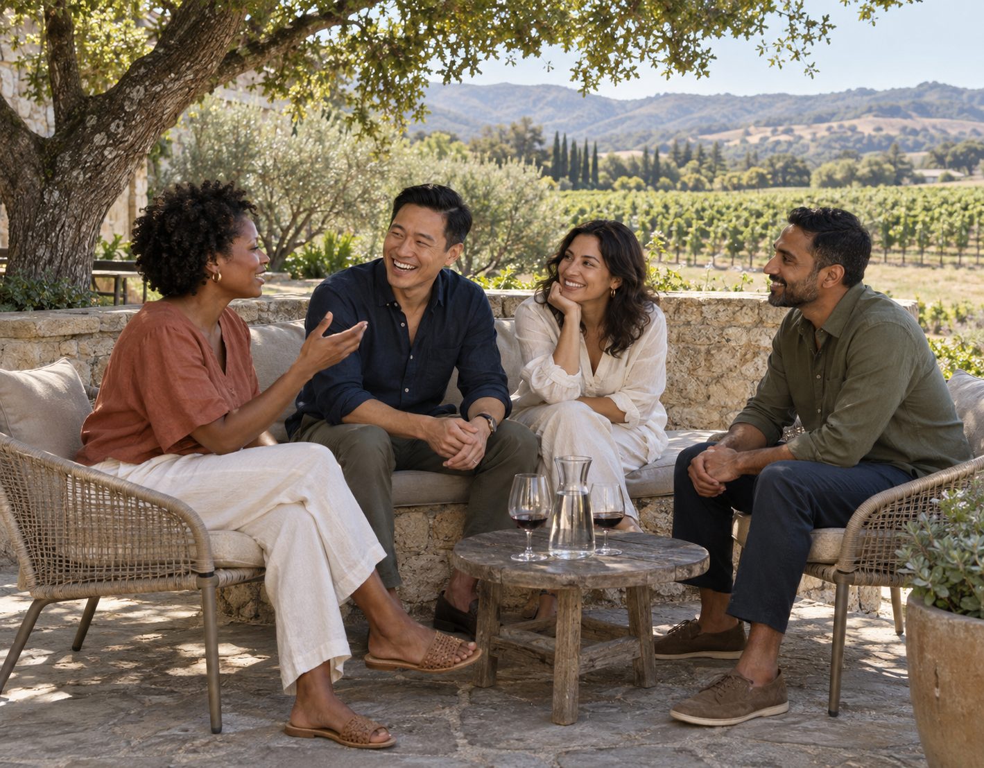 Four friends laughing together on a shaded stone patio, a vineyard beyond