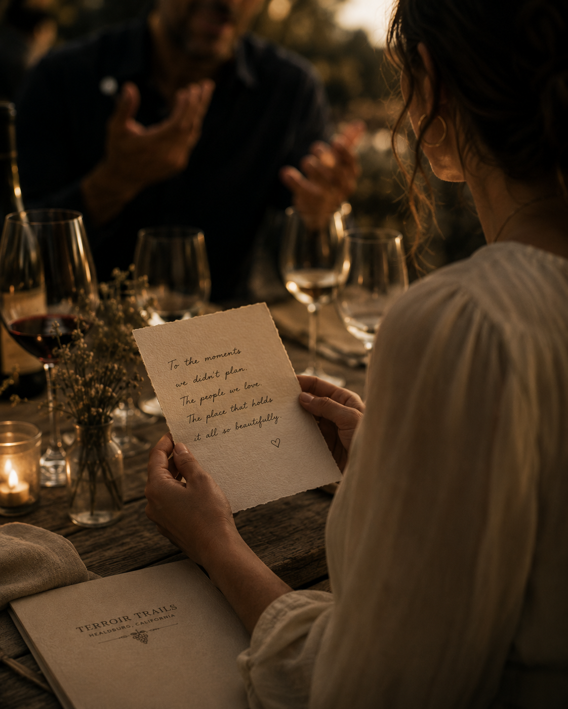 An illustrative scene of a guest holding a written reflection while companions converse nearby