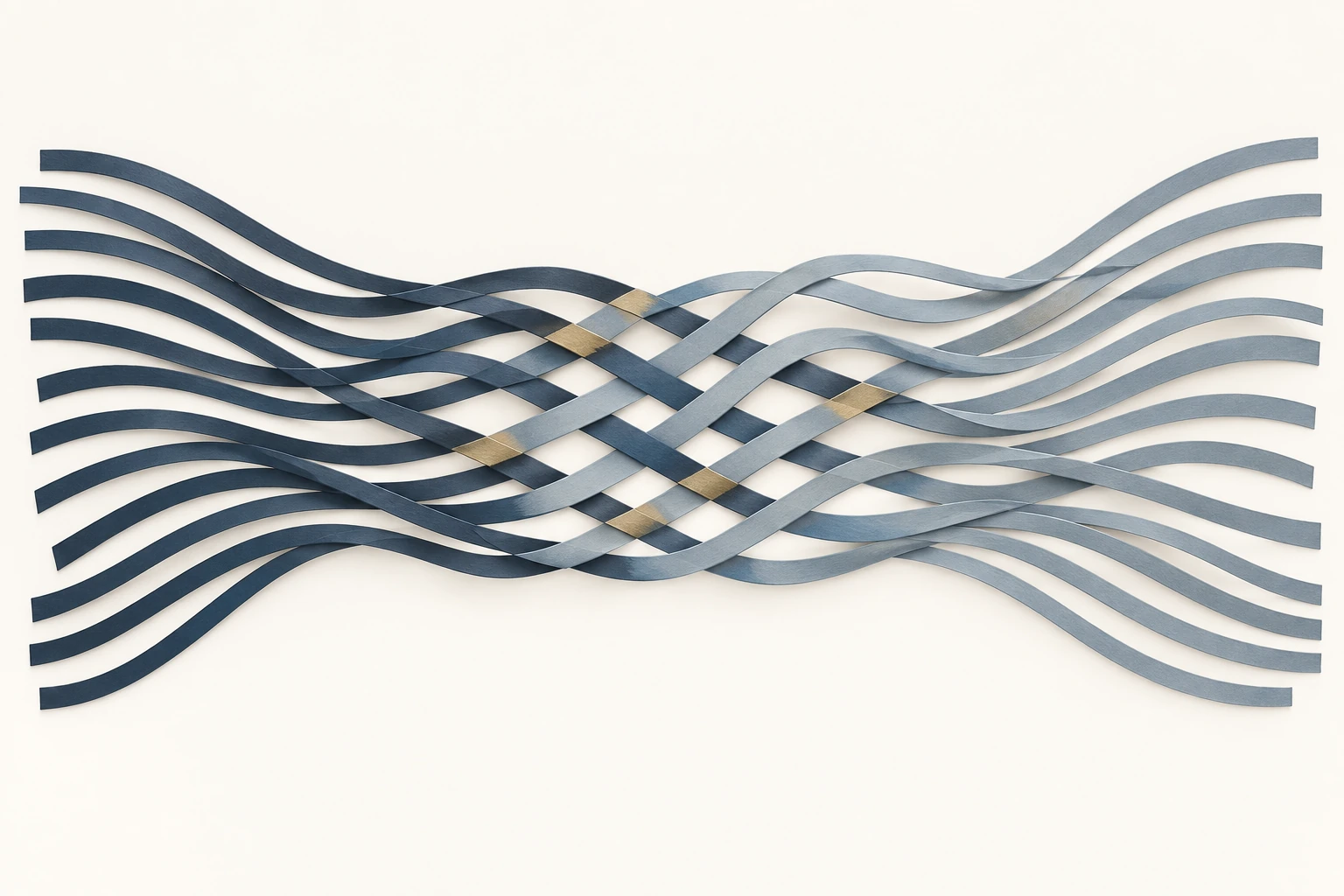 Ink and slate ribbons interweave, with gold accents at several crossings, representing the shared field created between two people.